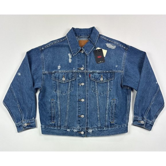 Levi's Jackets & Blazers - Levis Premium 90s Trucker Womens Dark Blue Jean Denim Jacket Distressed Retro